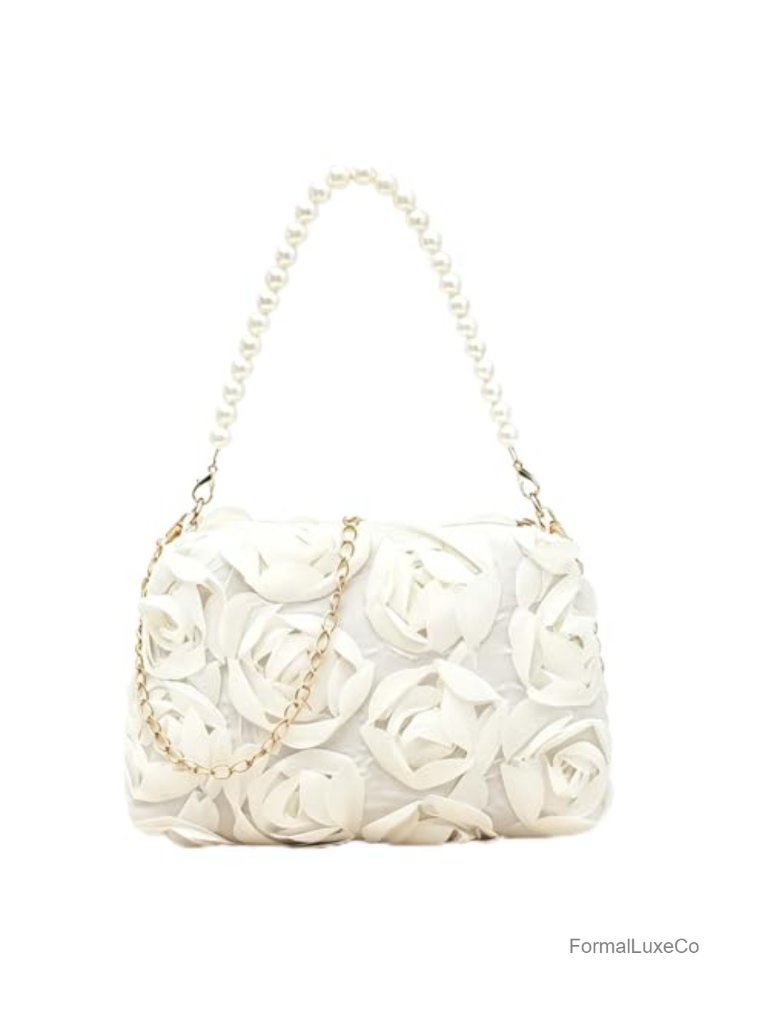 Chiffon 3d Floral Pearl Beaded Top Handle Evening Clutch